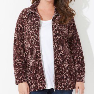 Catherines full zip unlined velour jacket top brown animal print 1x 18 20